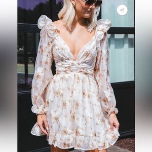 Storia Floral Long Sleeve Dress - Cream and Brown